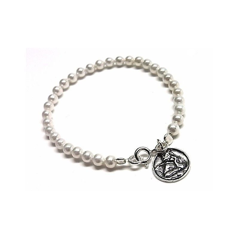 Pulsera de comunion con perlas y medalla de Plata de ley